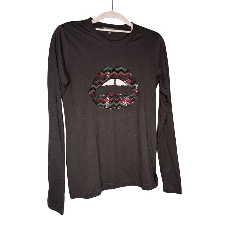 Markus Lupfer Black Cotton Long Sleeve Sequin Lip Graphic Top XS